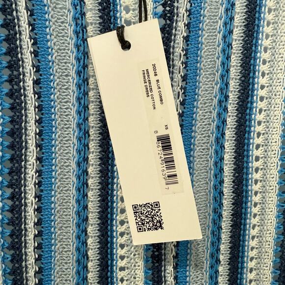 White + Warren Blue White Stripe Mercerized Cotton Fringe Midi Dress XS NEW Tags - Picture 8 of 10